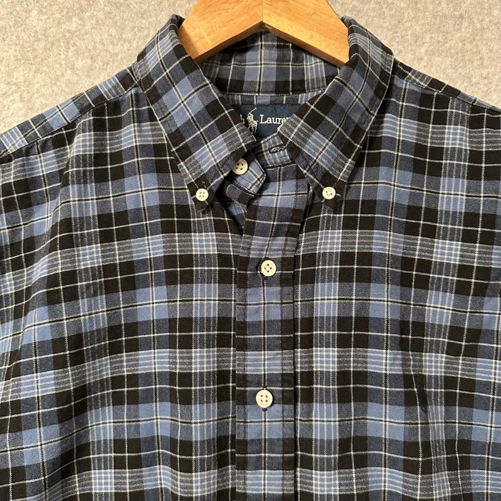 Polo Ralph Lauren Blake Shirt Mens L Blue Black Plaid Cotton Button Down LS